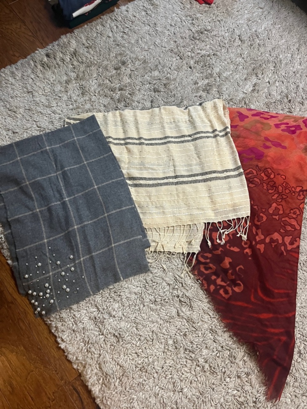 Set of Three Stylish Scarves - Gray Plaid, Cream Stripe, Red Ombre